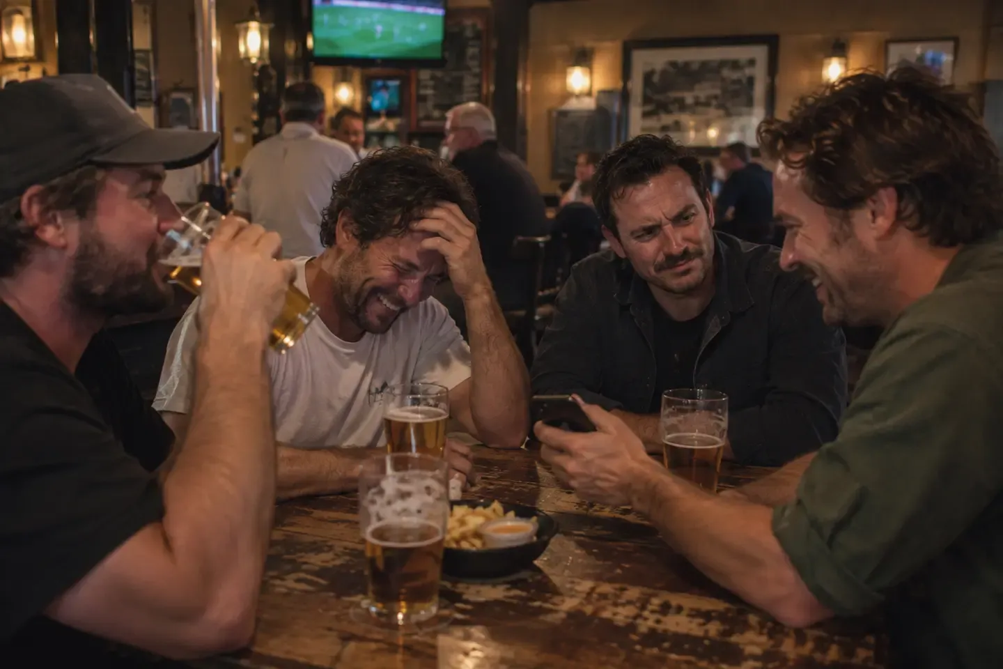 Four mates around a pub table, one holding a phone the others are reacting to