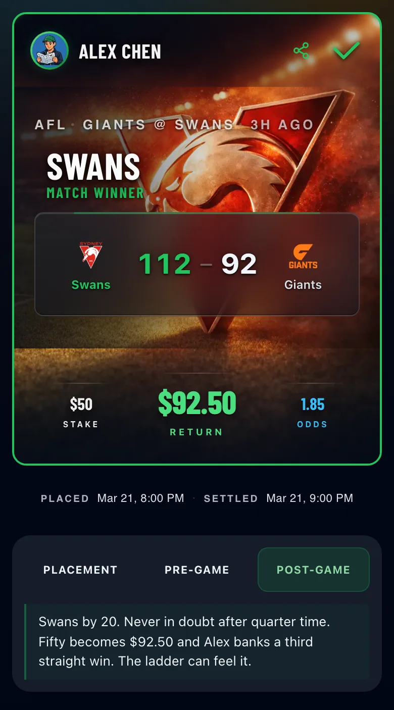 A settled bet card, marked WIN