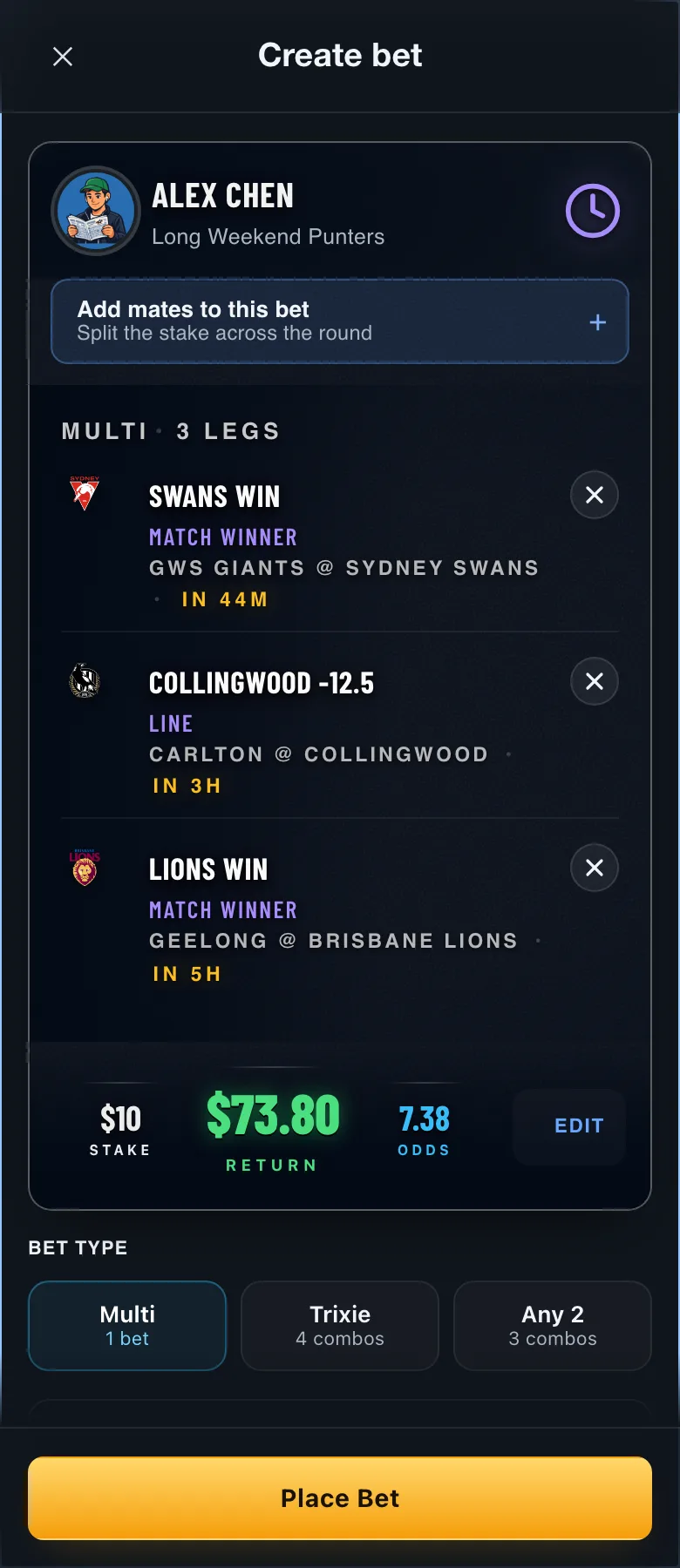The create-bet sheet, legs found and ready to place
